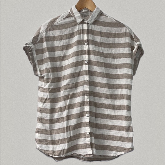 Peyton Jensen Size XS Linen Cotton Blend Rolled Short Sleeve Button Down Striped - Picture 3 of 8